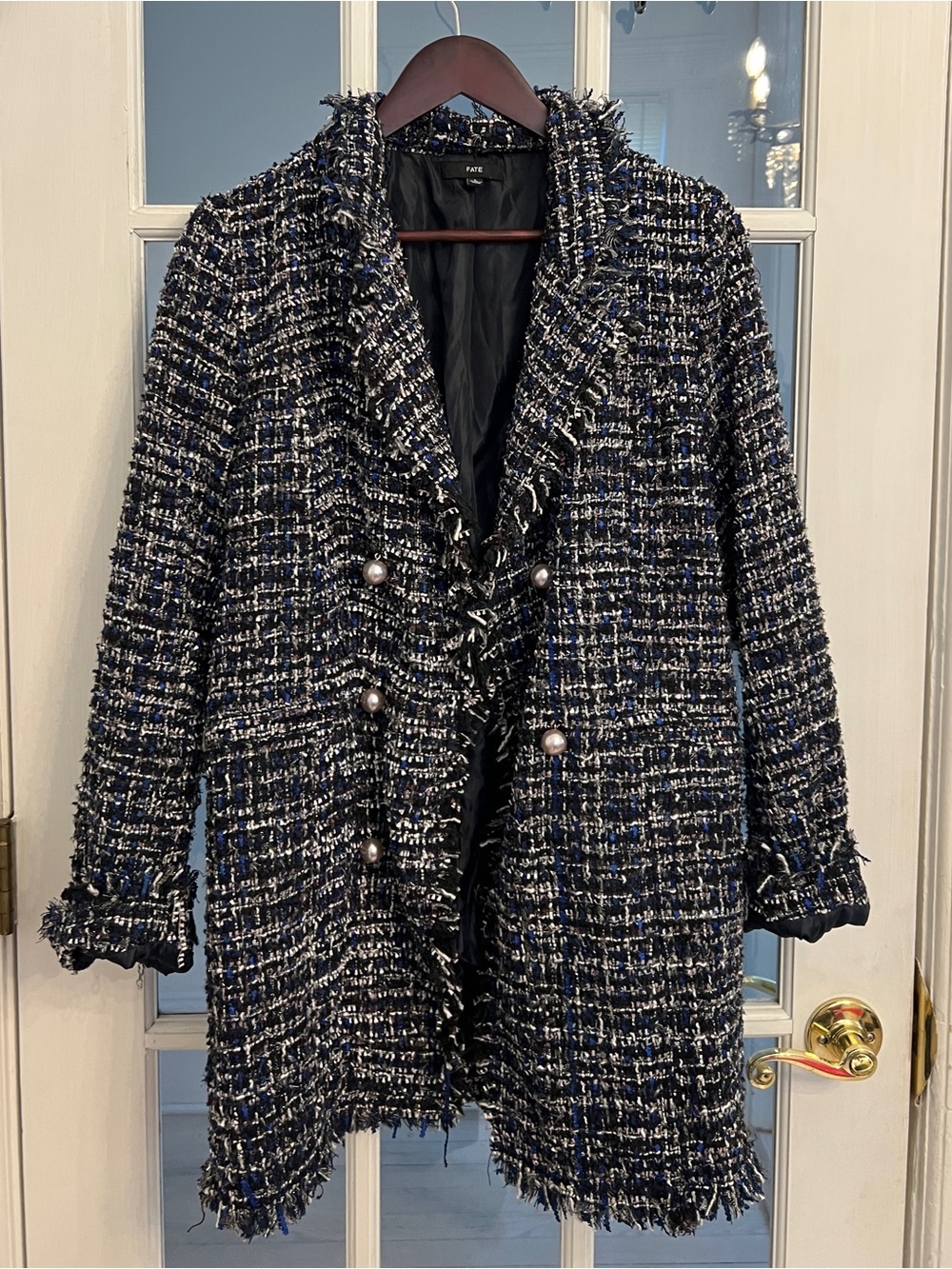 FATE Women’s Blue Black Metallic Tweed Boucle Pearl Button Long Coat L